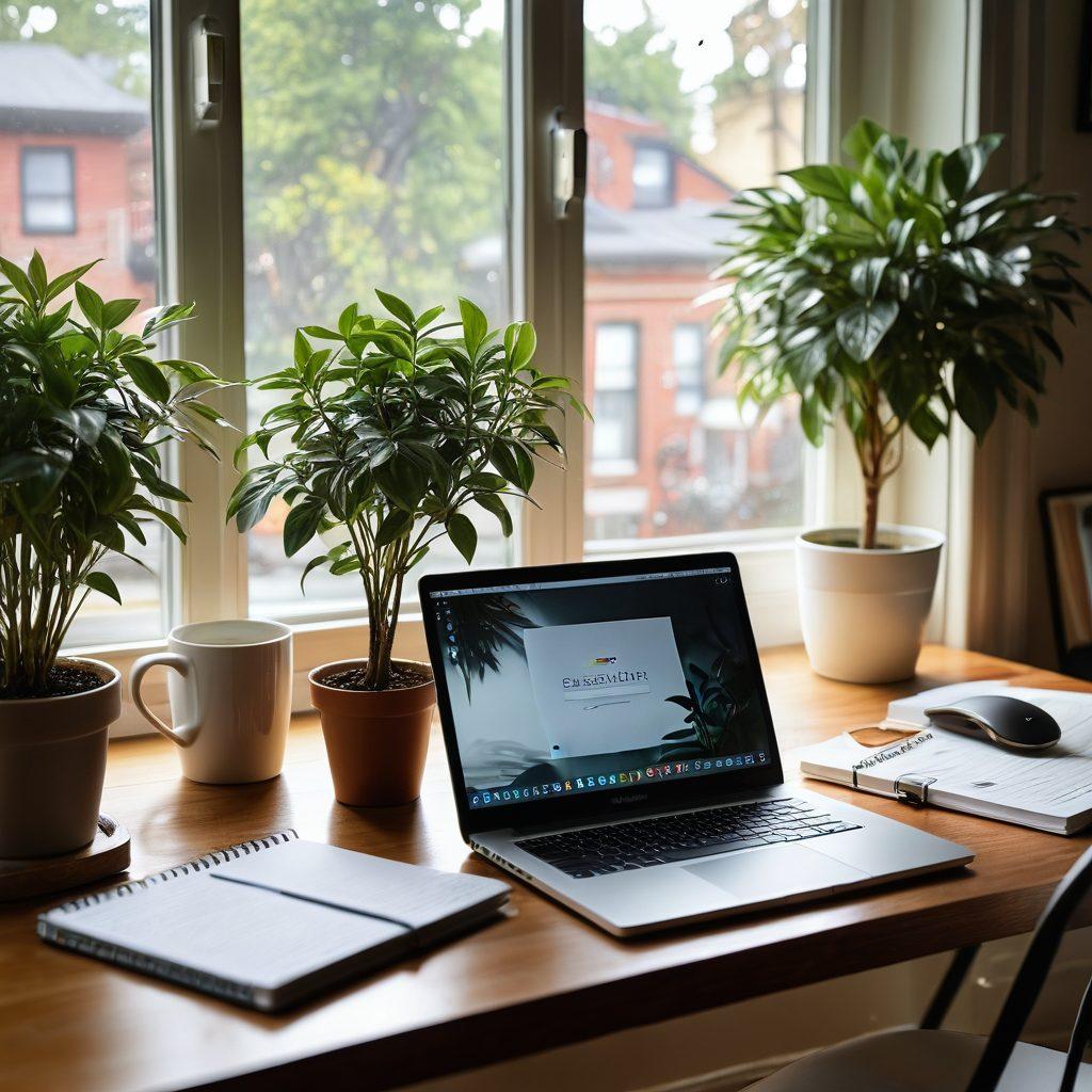 An inviting desk setup featuring a stylish laptop open with a tech review article on the screen, next to a steaming cup of coffee and a notepad filled with lifestyle tips. Soft morning light filters through a window, illuminating a vibrant indoor plant beside the workspace. The background showcases a cozy and creative home office environment. super-realistic. warm colors. soft focus.