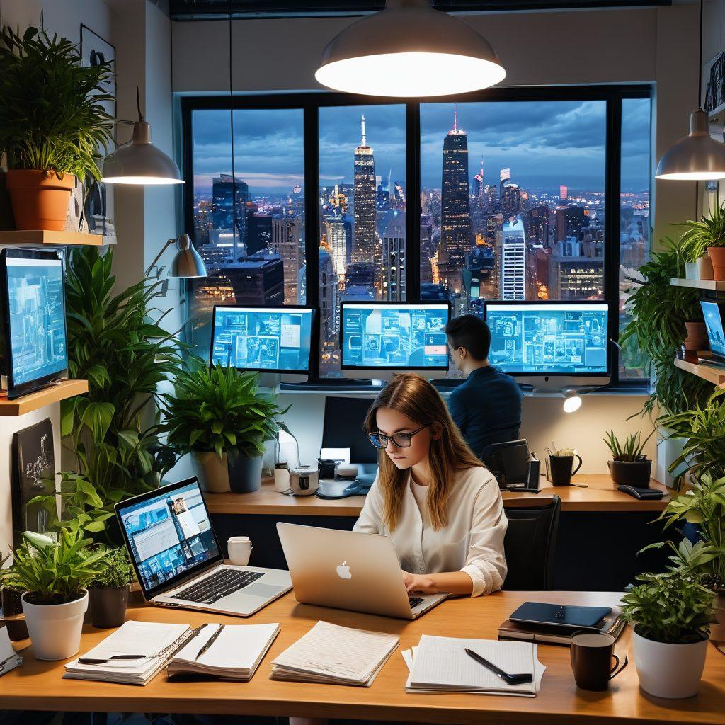 A dynamic collage showcasing a blogger at work, surrounded by modern tech gadgets like laptops, tablets, and smartphones, blending seamlessly with elements of a vibrant lifestyle such as coffee cups, plants, and open notebooks. Emphasizing a harmonious fusion of technology and daily life, with a futuristic city skyline in the background. super-realistic. vibrant colors.