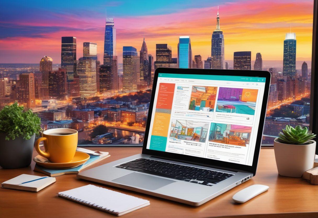 An open laptop displaying a vibrant blog layout, surrounded by digital storyboards showcasing trending topics and current events. Diverse bloggers collaborating over a coffee table, immersed in creative discussion, with notepads and digital devices scattered around. A colorful city skyline in the background symbolizing the fast-paced digital world. artistic flair. vibrant colors. modern illustration.